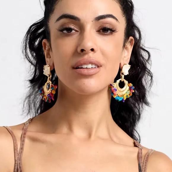 Zara Colorful Stones Beaded Druzy Hoop Earrings - Picture 8 of 8